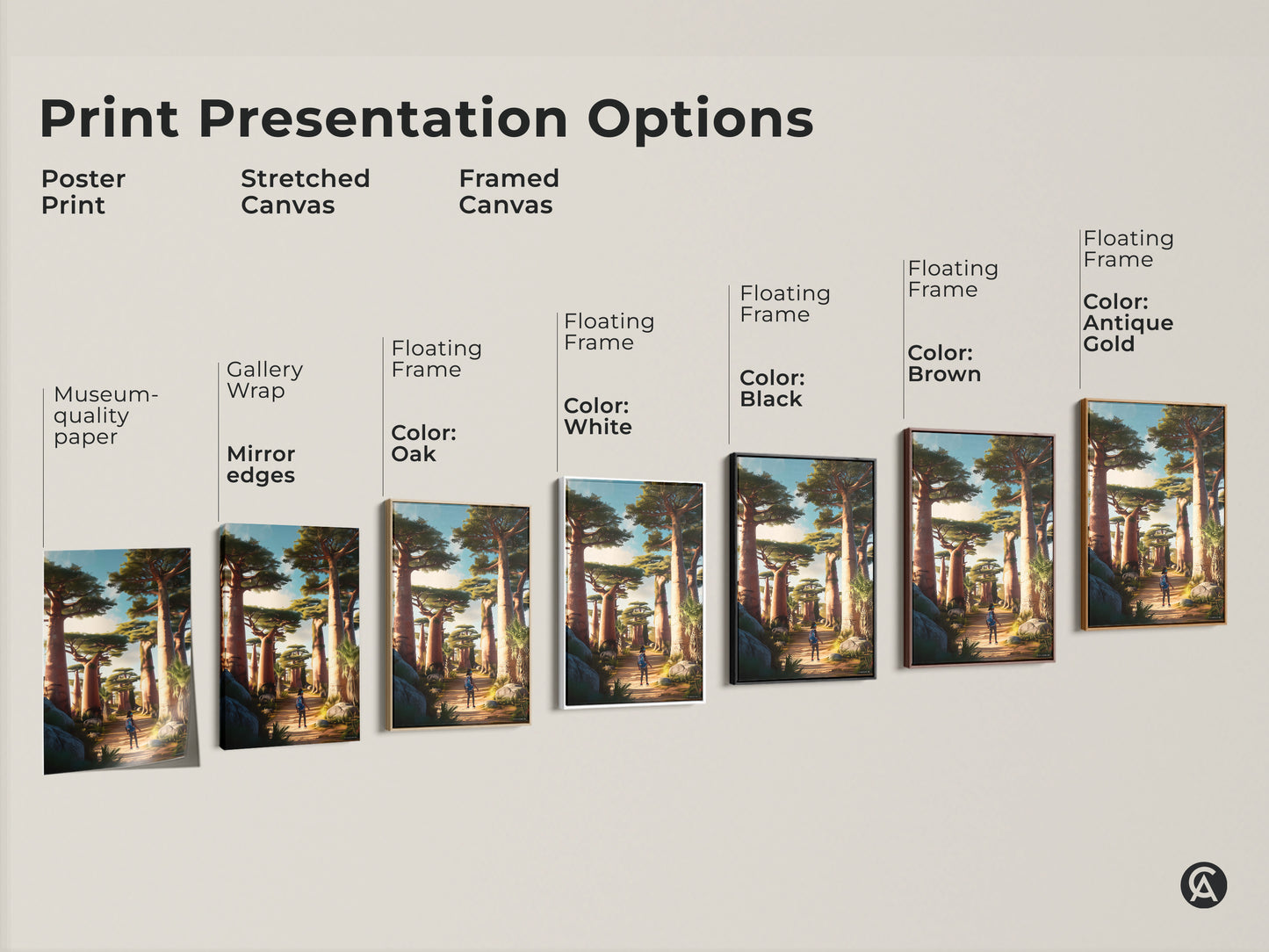 Explore print presentation options for African Baobab Trees artwork. Choose from poster prints stretched canvas or framed canvas in various colors. Find the perfect style for your earth tone landscape wall art decor.
