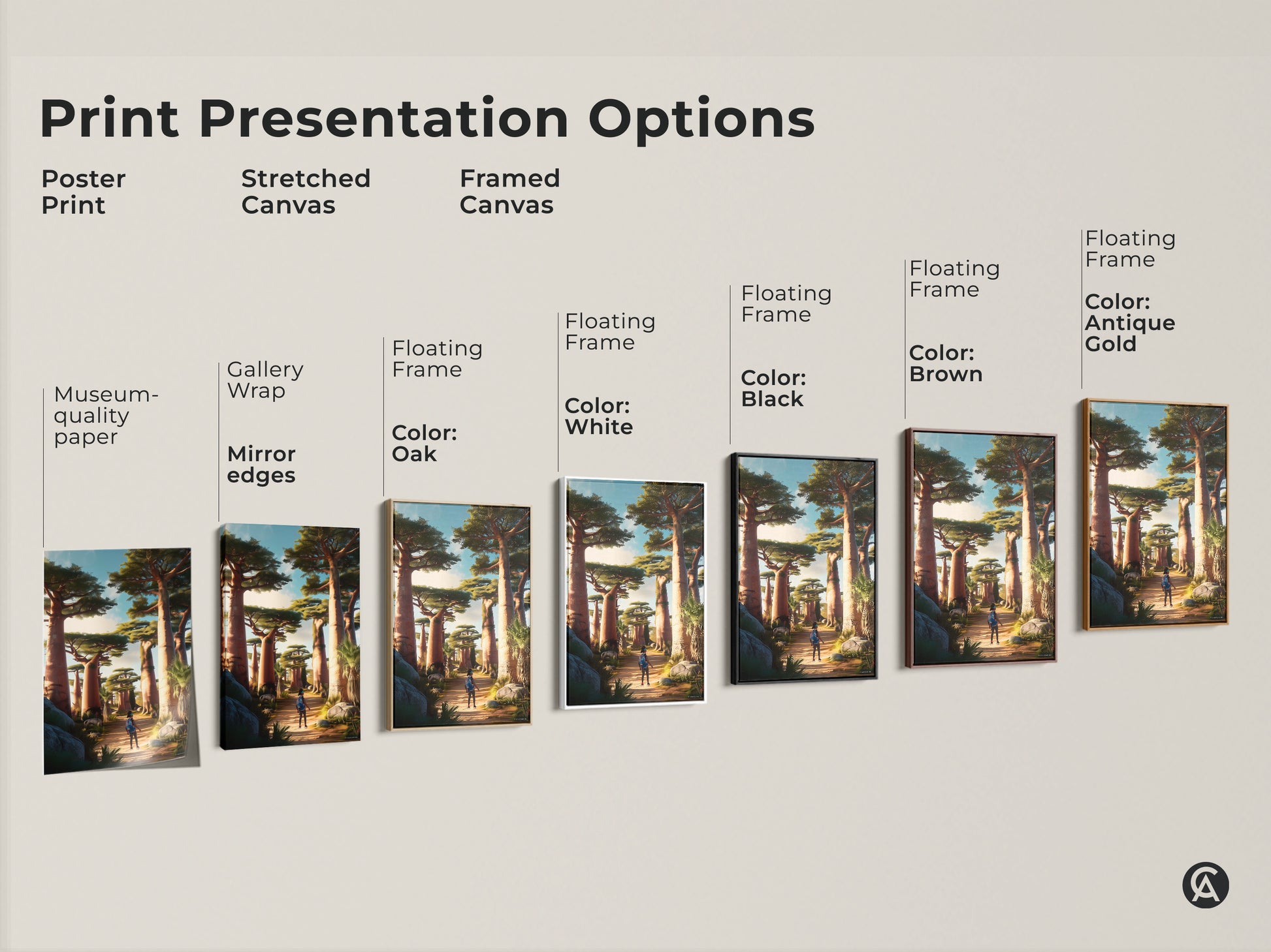 Explore print presentation options for African Baobab Trees artwork. Choose from poster prints stretched canvas or framed canvas in various colors. Find the perfect style for your earth tone landscape wall art decor.