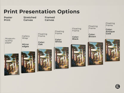 Explore print presentation options for African Baobab Trees artwork. Choose from poster prints stretched canvas or framed canvas in various colors. Find the perfect style for your earth tone landscape wall art decor.