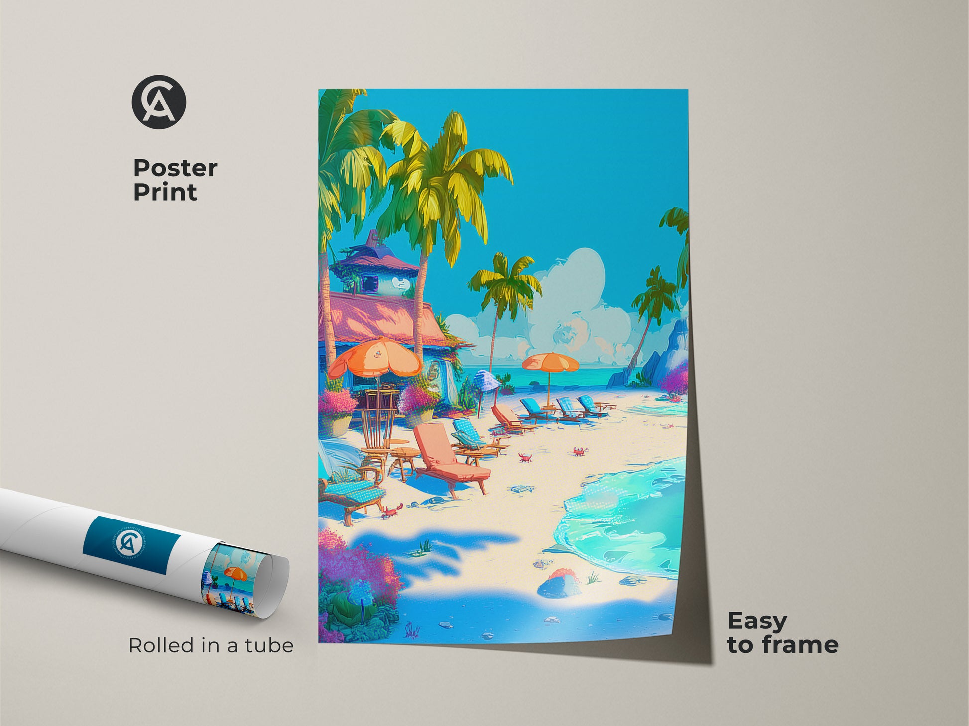 Poster print of a beach scene. The artwork features a vibrant tropical beach with palm trees and lounge chairs. This easy to frame poster is shipped rolled in a tube. Add a touch of paradise to your wall decor.
