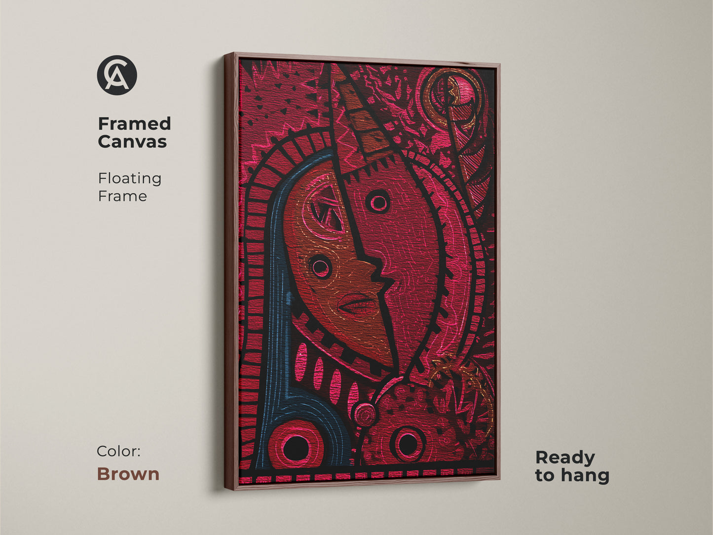Framed canvas with a brown floating frame showcases the abstract face. The red and magenta tribal mask artwork adds warmth. Ideal for an entryway it's ready to hang. This eclectic piece is a unique housewarming gift.