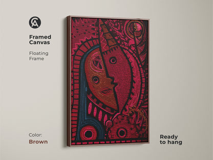 Framed canvas with a brown floating frame showcases the abstract face. The red and magenta tribal mask artwork adds warmth. Ideal for an entryway it's ready to hang. This eclectic piece is a unique housewarming gift.