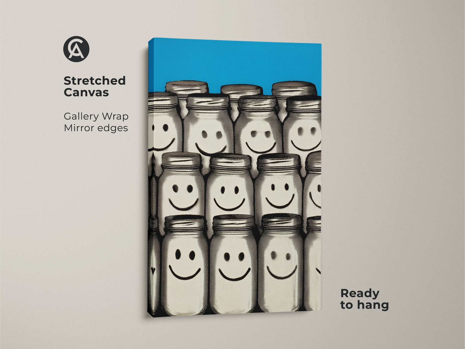 Stretched Canvas of Smiley Face Jar Wall Art with Retro Pop Art style. This blue abstract artwork features a gallery wrap with mirrored edges. Ready to hang this contemporary home decor adds a playful touch. Great as a unique office decor or a fun kitchen art piece.