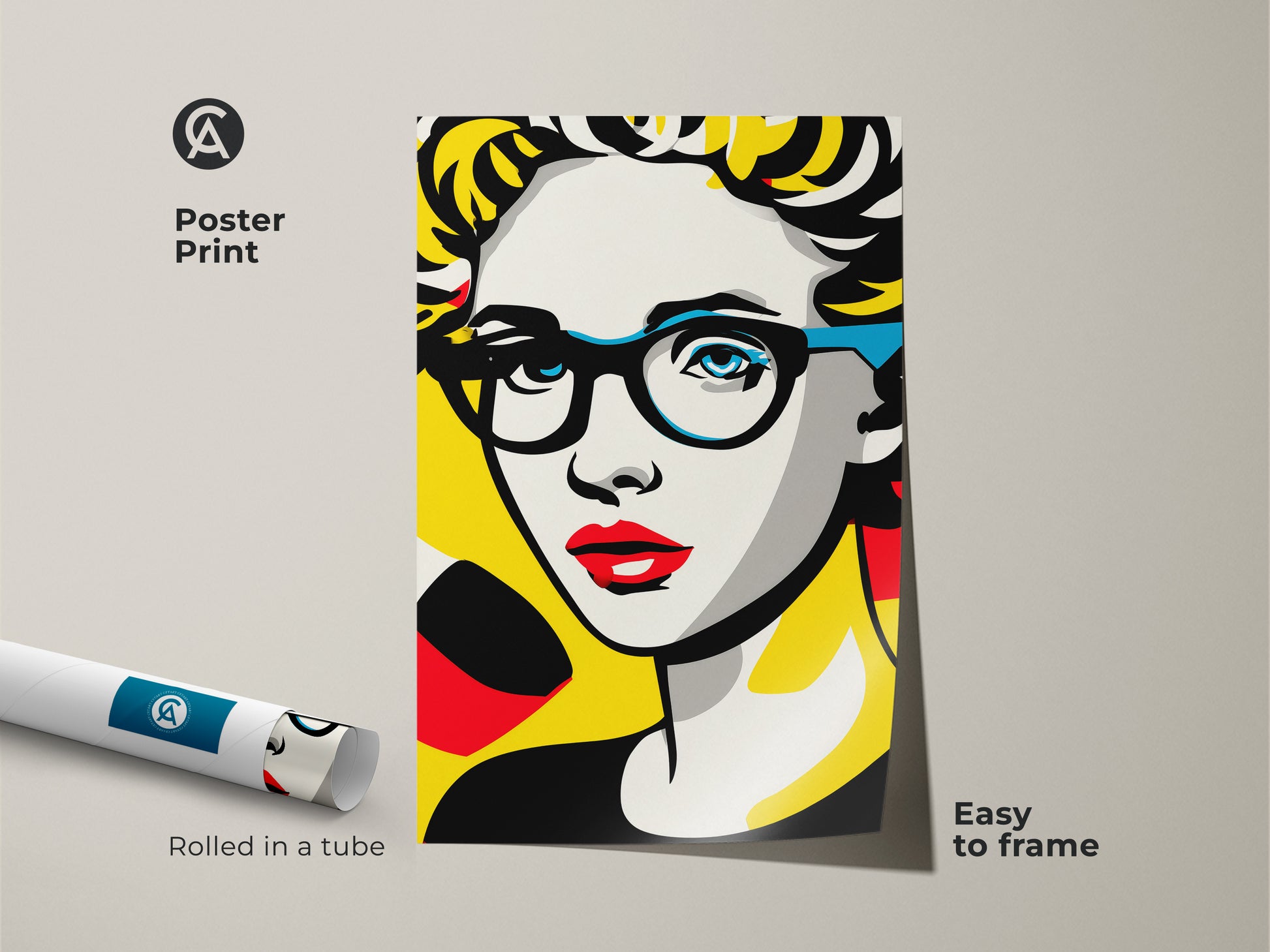 Poster print of a vibrant pop art portrait. The artwork features a woman with glasses. It is shipped rolled in a protective tube. The poster is easy to frame for wall display.