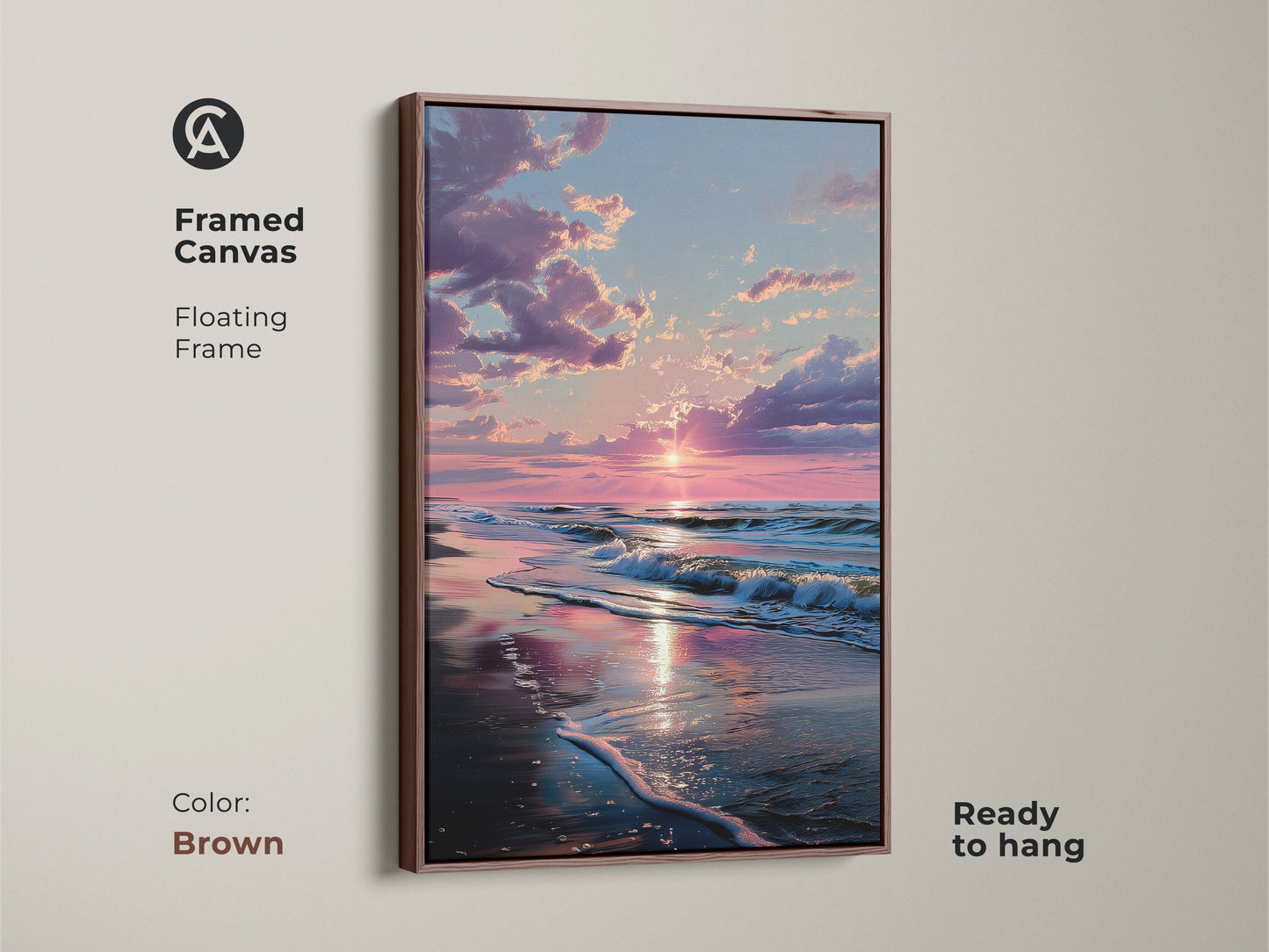 Brown framed canvas sunset beach art. Floating frame adds a classic touch. The sun reflects on the wet sand. Ocean waves crash on the beach. This framed art is ready to hang. Perfect for any room.