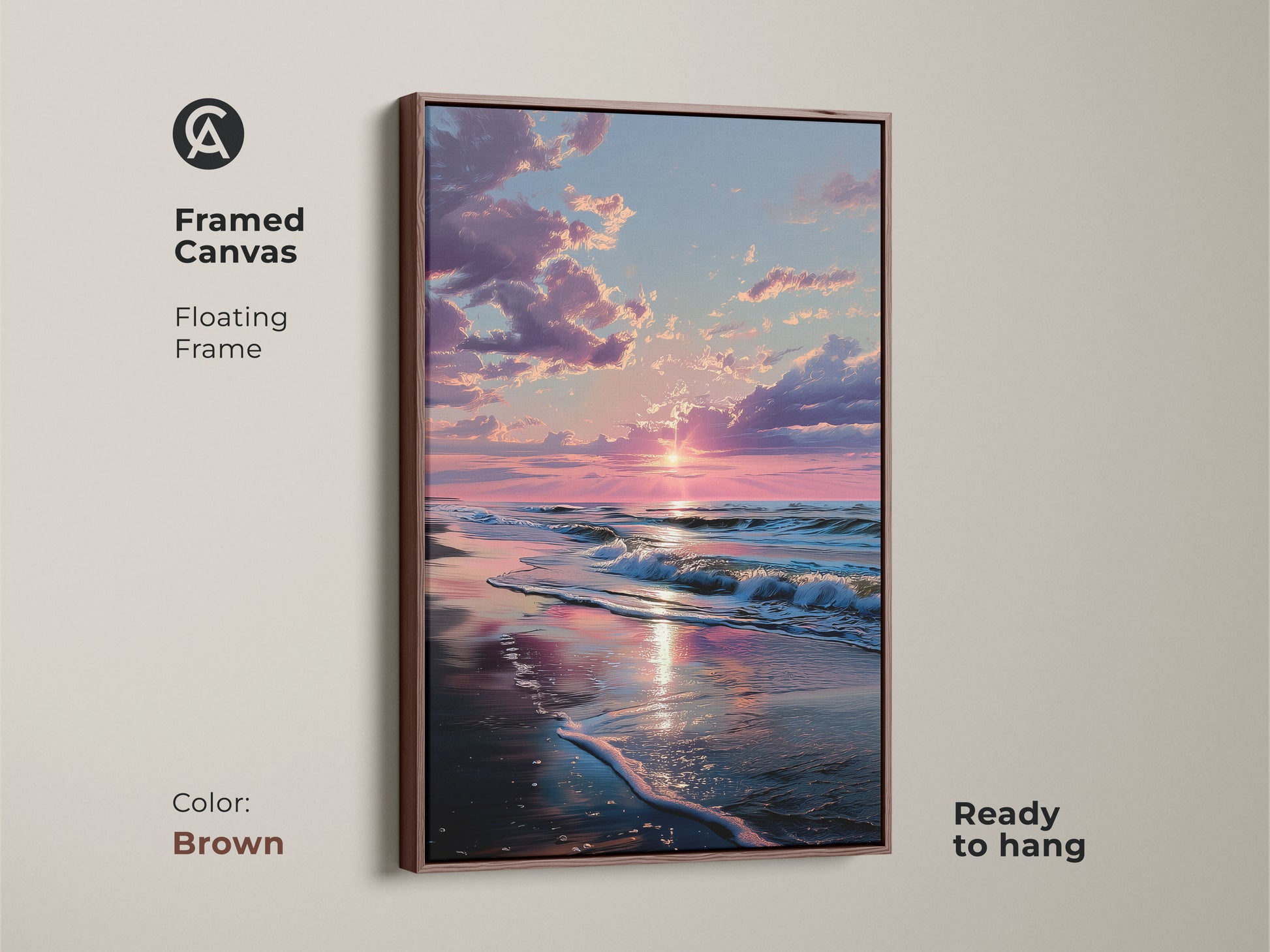 Brown framed canvas sunset beach art. Floating frame adds a classic touch. The sun reflects on the wet sand. Ocean waves crash on the beach. This framed art is ready to hang. Perfect for any room.