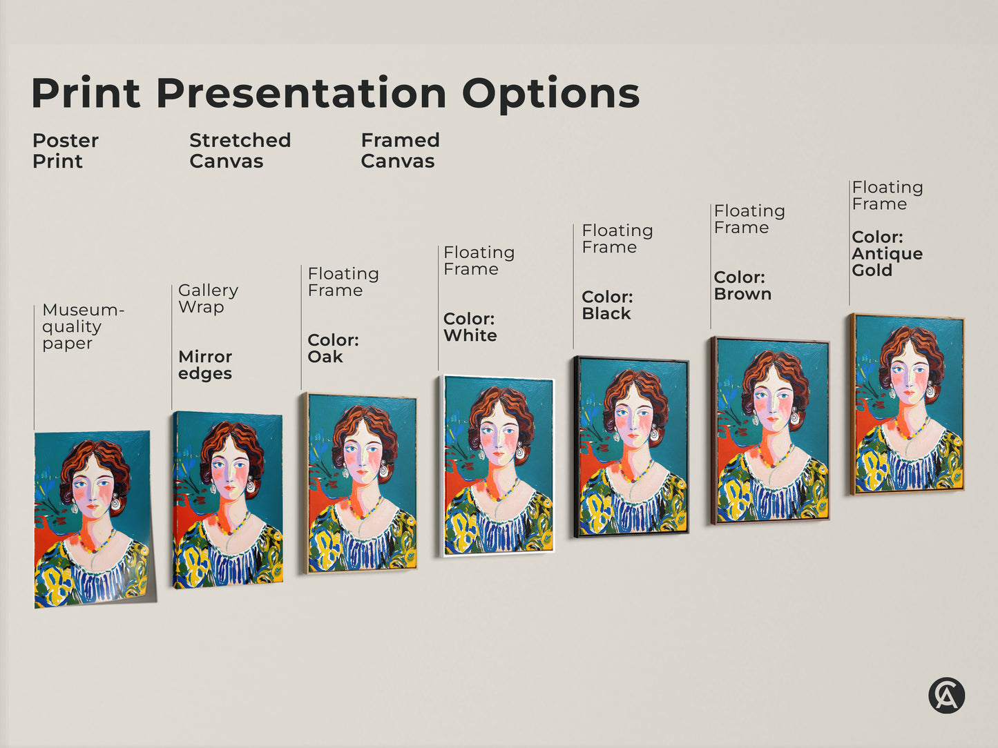 Explore print presentation options for the woman's portrait artwork. Choose from poster print stretched canvas and framed canvas. Various floating frame colors are available. These include white black brown oak and antique gold. Find the perfect style.