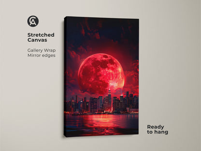 Stretched canvas print showing a surreal cityscape under a red moon. This fantasy night sky canvas is ready to hang with gallery wrapped mirror edges. Perfect as urban wall art it offers a dramatic touch to any room.