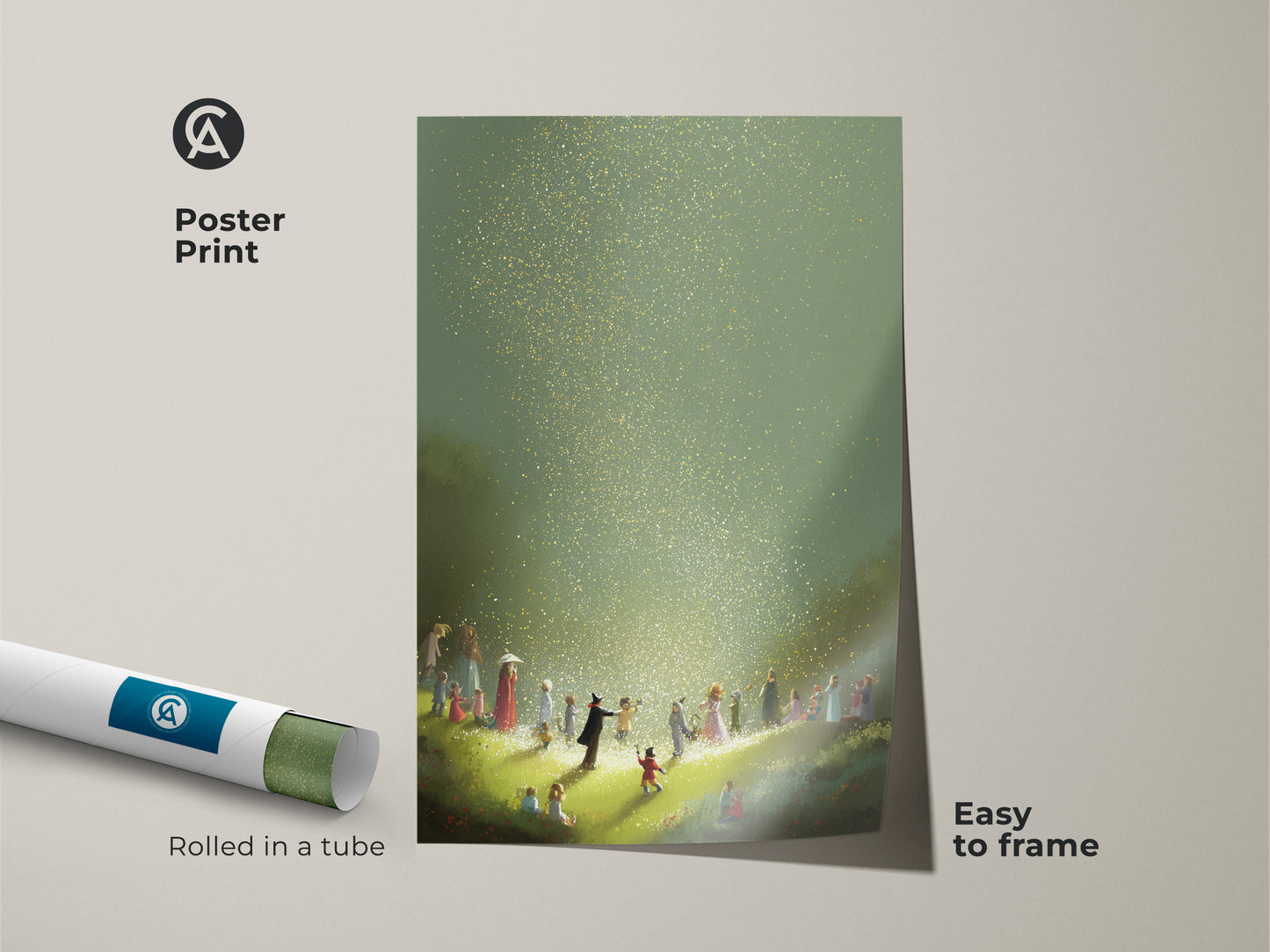 Poster print of whimsical children art featuring a magical light scene in gold and green tones. This fantasy art print is easy to frame and adds an eclectic touch to your home decor. Ideal for a nursery or kids' bedroom it brings a sense of wonder and delight. Rolled in a protective tube.