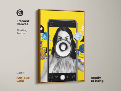 Framed canvas showcasing social media themed art. The antique gold floating frame enhances its elegance. This unique wall hanging is ready to hang. Perfect as a gift for marketing professionals. The vibrant colors and modern art style add flair to any office decor.
