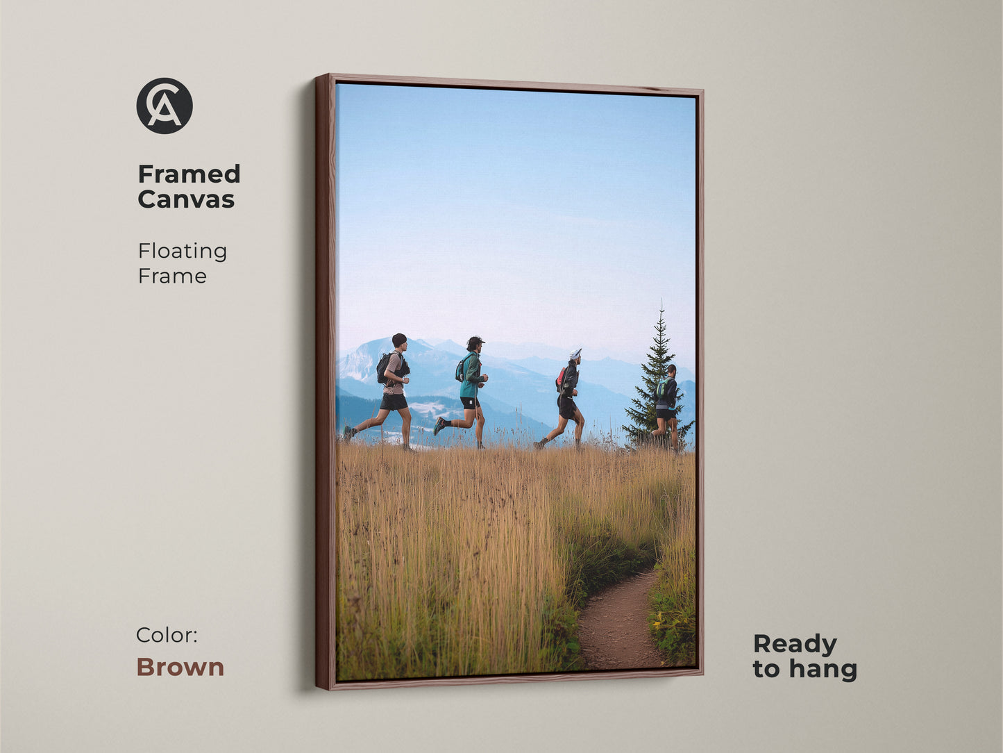 This framed canvas features a mountain running scene with a brown floating frame. The print is ready to hang. Golden yellow and earthy brown tones bring the outdoors inside. It's an ideal hiker gift and a stunning piece of adventure-themed decor. Enhance your space with this modern outdoor artwork.