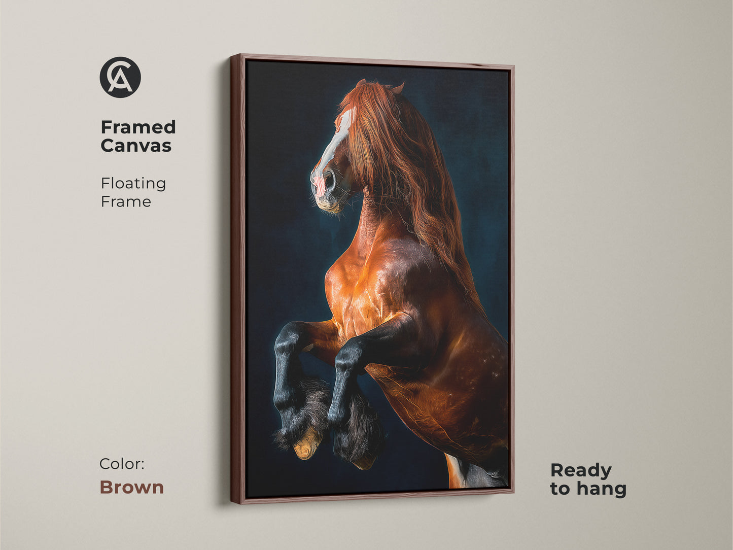 Equine animal artwork on framed canvas. Showcasing a rearing brown horse for contemporary wildlife decor. Ready to hang with a stylish brown floating frame. An ideal housewarming gift for horse lovers. This equestrian themed art adds warmth.