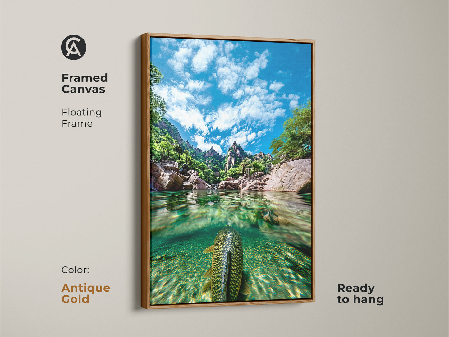 Framed canvas featuring realistic nature photography and clear water scenes with fish. The antique gold floating frame enhances the blue green landscape. This mountain lake art hanging is ready to adorn your walls. It makes a great gift for any outdoor enthusiast.