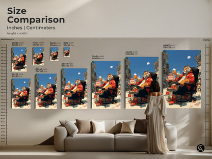 Size comparison for tiger beer art in inches and centimeters. Various sizes available from 20x30 cm to 45x67 inch. See how the artwork looks in a living room setting.