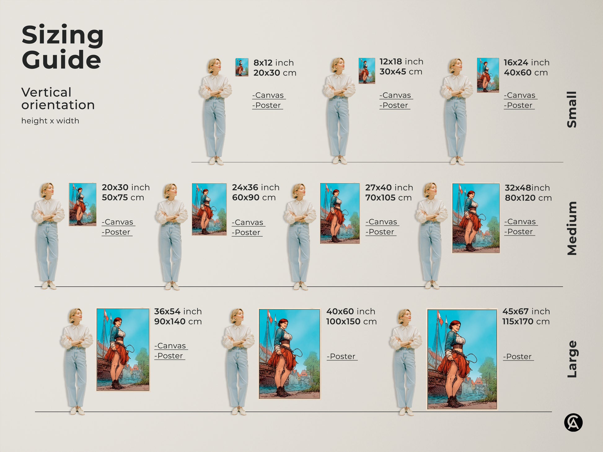 Sizing guide featuring a woman sailor art print in various sizes. This vertical artwork is available as canvas or poster. Select the perfect size for your eclectic home decor or as a historical fiction gift.