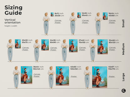 Sizing guide featuring a woman sailor art print in various sizes. This vertical artwork is available as canvas or poster. Select the perfect size for your eclectic home decor or as a historical fiction gift.