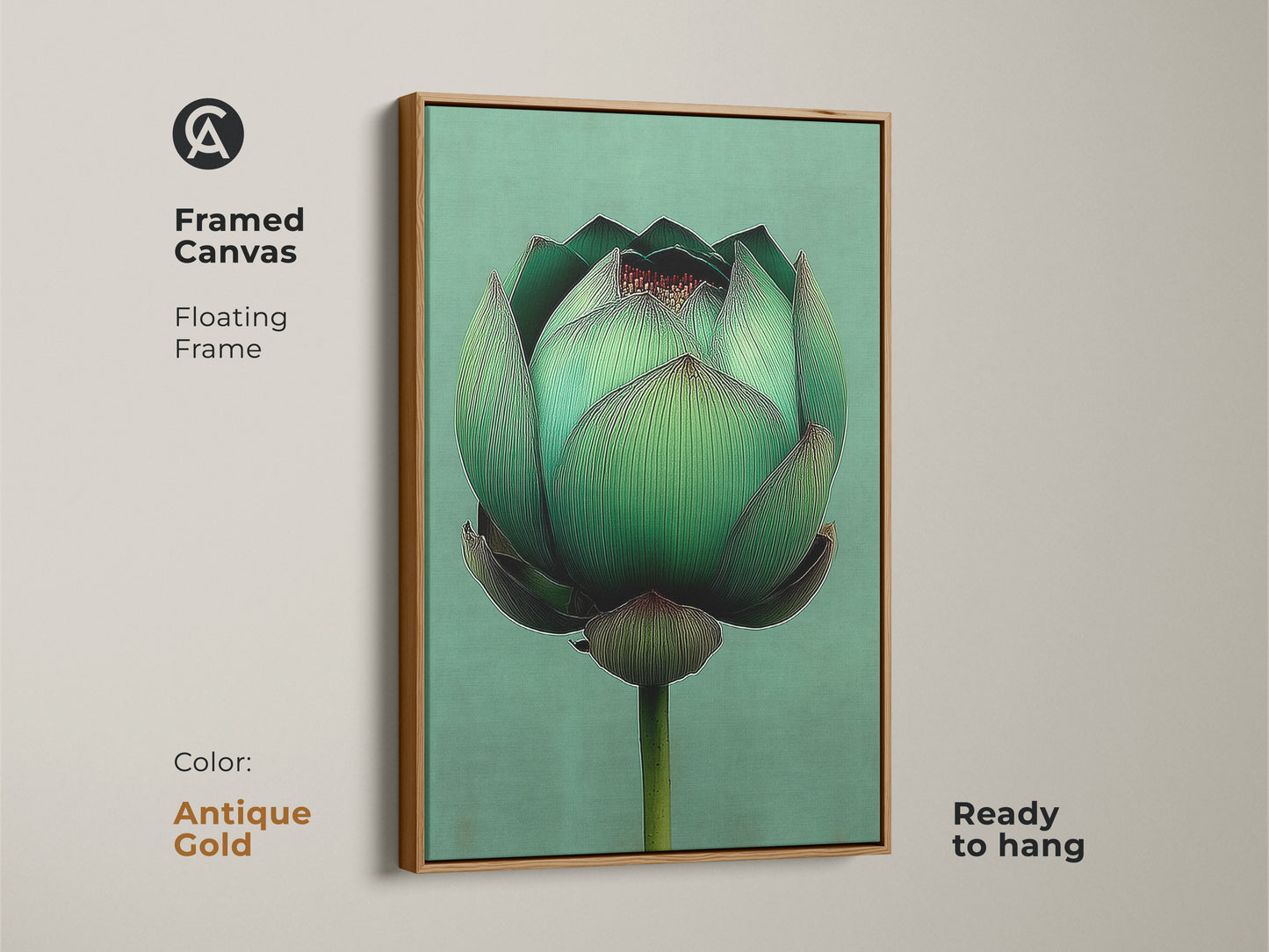 Framed canvas showcasing an emerald green lotus flower. The antique gold floating frame adds elegance to this minimalist botanical decor. Ideal for a modern office or spa. Creates a serene and calming environment with Japandi flair.