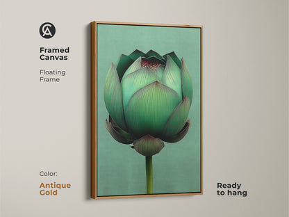Framed canvas showcasing an emerald green lotus flower. The antique gold floating frame adds elegance to this minimalist botanical decor. Ideal for a modern office or spa. Creates a serene and calming environment with Japandi flair.