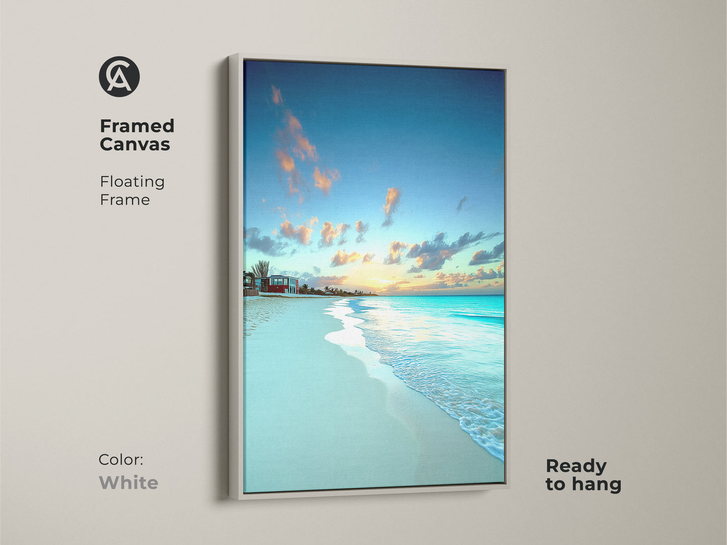 White floating frame enhances this framed canvas print. Ocean waves wall art captures the essence of a seaside sunset. This canvas is ready to hang and enjoy.