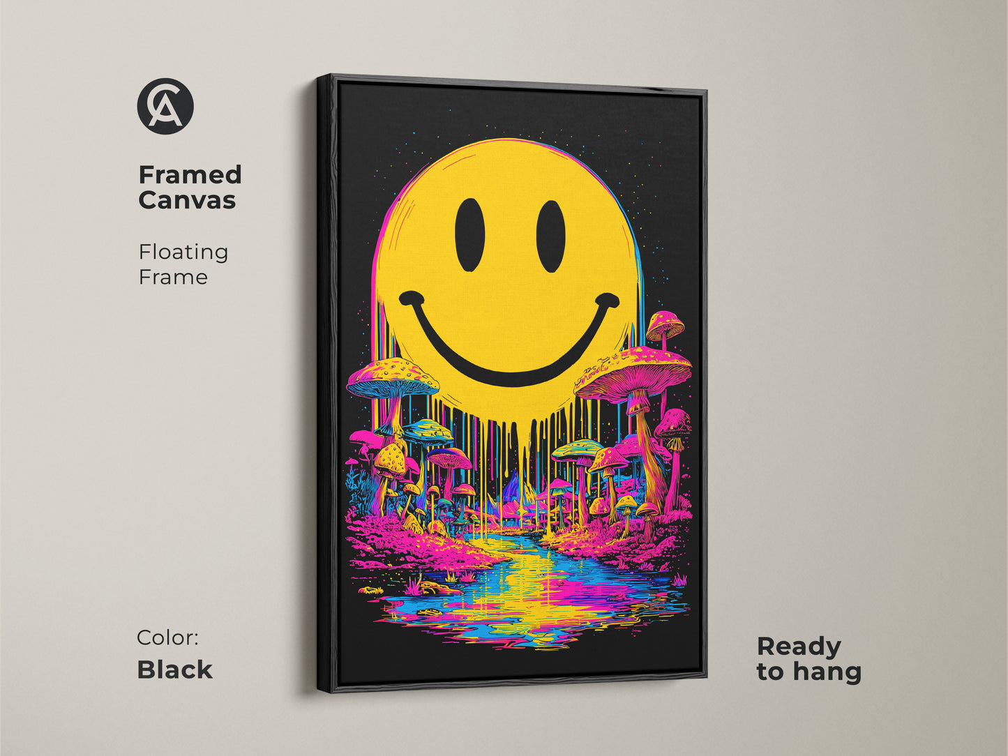 Framed canvas of smiley face art in a black floating frame. The piece presents a bright yellow smiley face over a surreal landscape of mushrooms and a river. The black frame adds a modern touch. This framed artwork is ready to hang and enhances your home decor