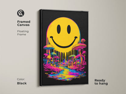 Framed canvas of smiley face art in a black floating frame. The piece presents a bright yellow smiley face over a surreal landscape of mushrooms and a river. The black frame adds a modern touch. This framed artwork is ready to hang and enhances your home decor