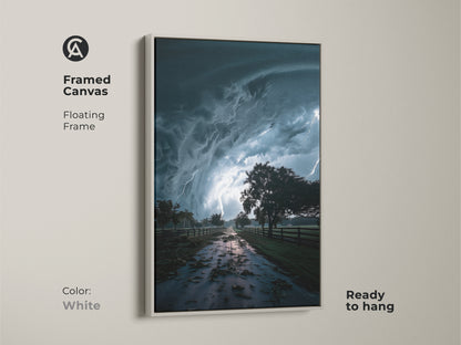 White Framed Canvas showcasing dramatic storm art with a floating frame. The lightning landscape print features teal and dark blue weather artwork. This contemporary nature wall decor is ready to hang. It's a striking lightning canvas and perfect for modern and abstract styles.