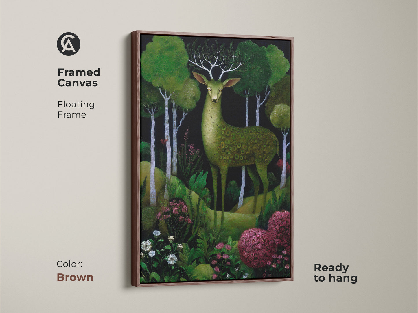Framed canvas with a brown floating frame featuring a green deer forest artwork. This boho woodland animals canvas showcases rich emerald green nature. Ready to hang and adds charm.
