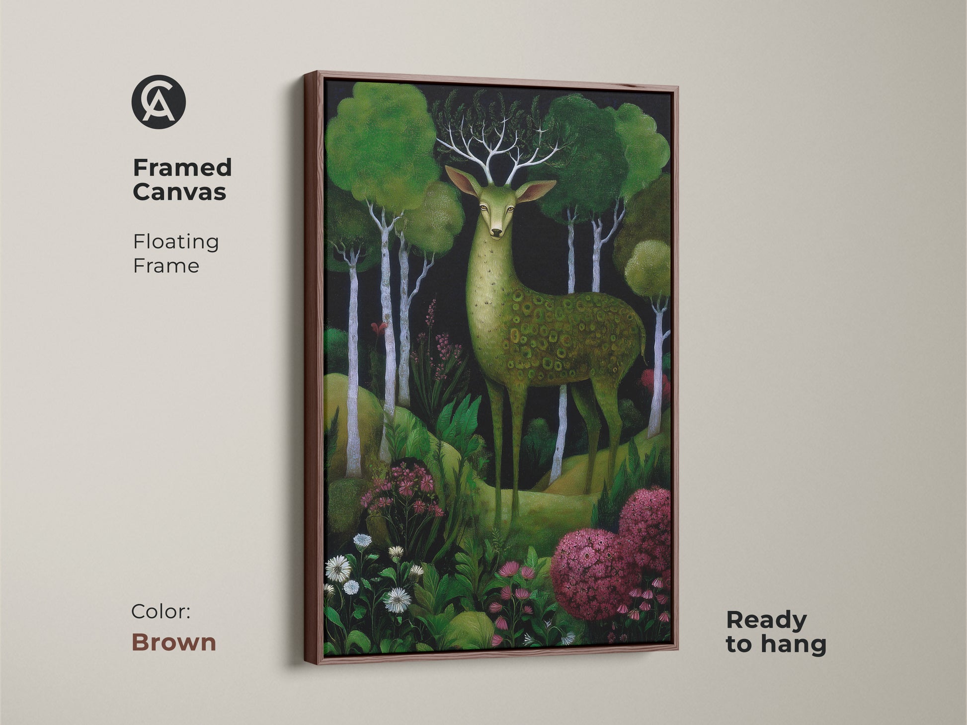 Framed canvas with a brown floating frame featuring a green deer forest artwork. This boho woodland animals canvas showcases rich emerald green nature. Ready to hang and adds charm.