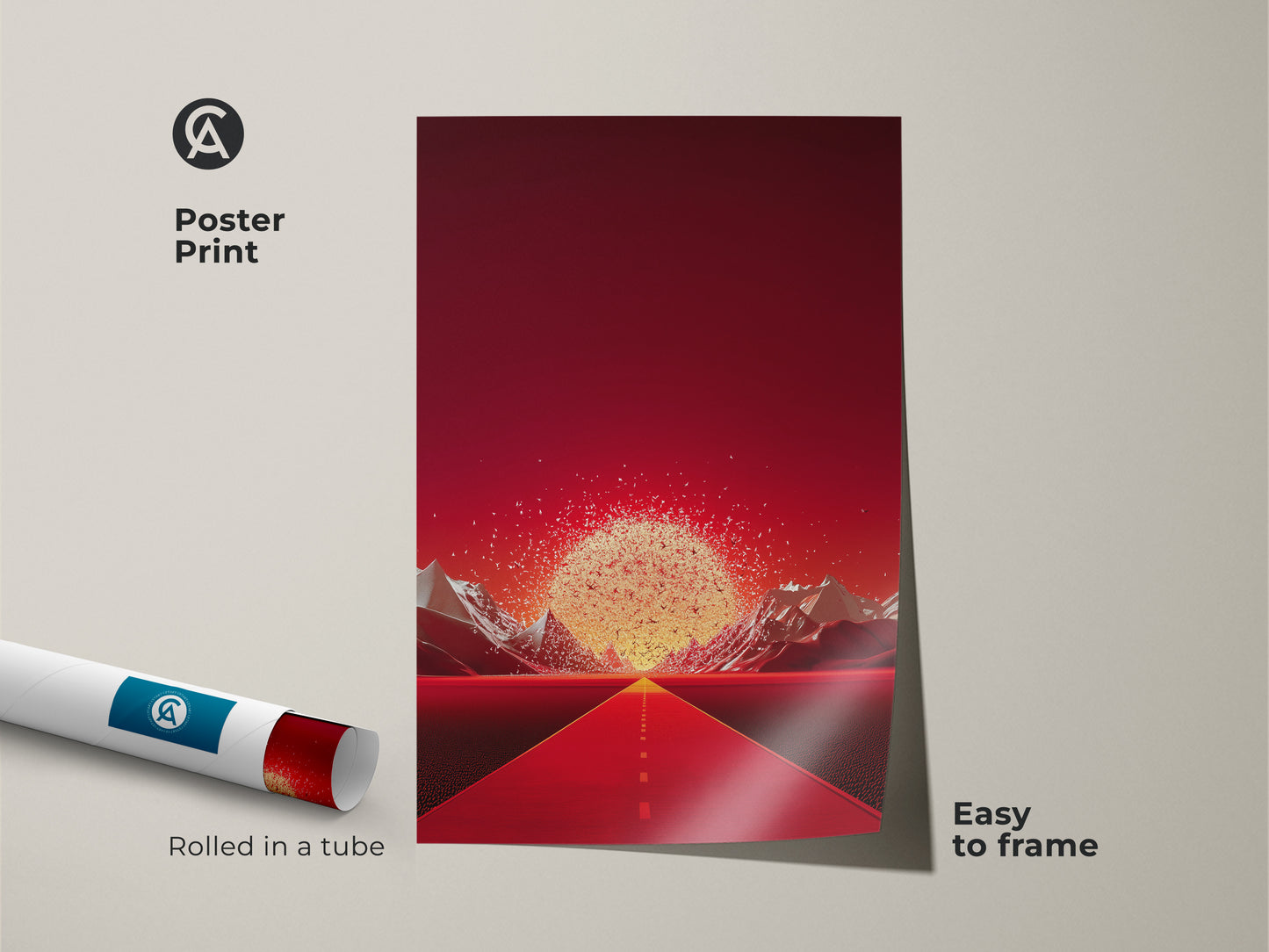 Poster print of a surreal road painting. It shows a crimson road leading to golden mountains. This abstract travel art is easy to frame. The contemporary wall print is rolled in a tube. Perfect art for adventurers. A unique home decor gift with a striking landscape wall hanging.
