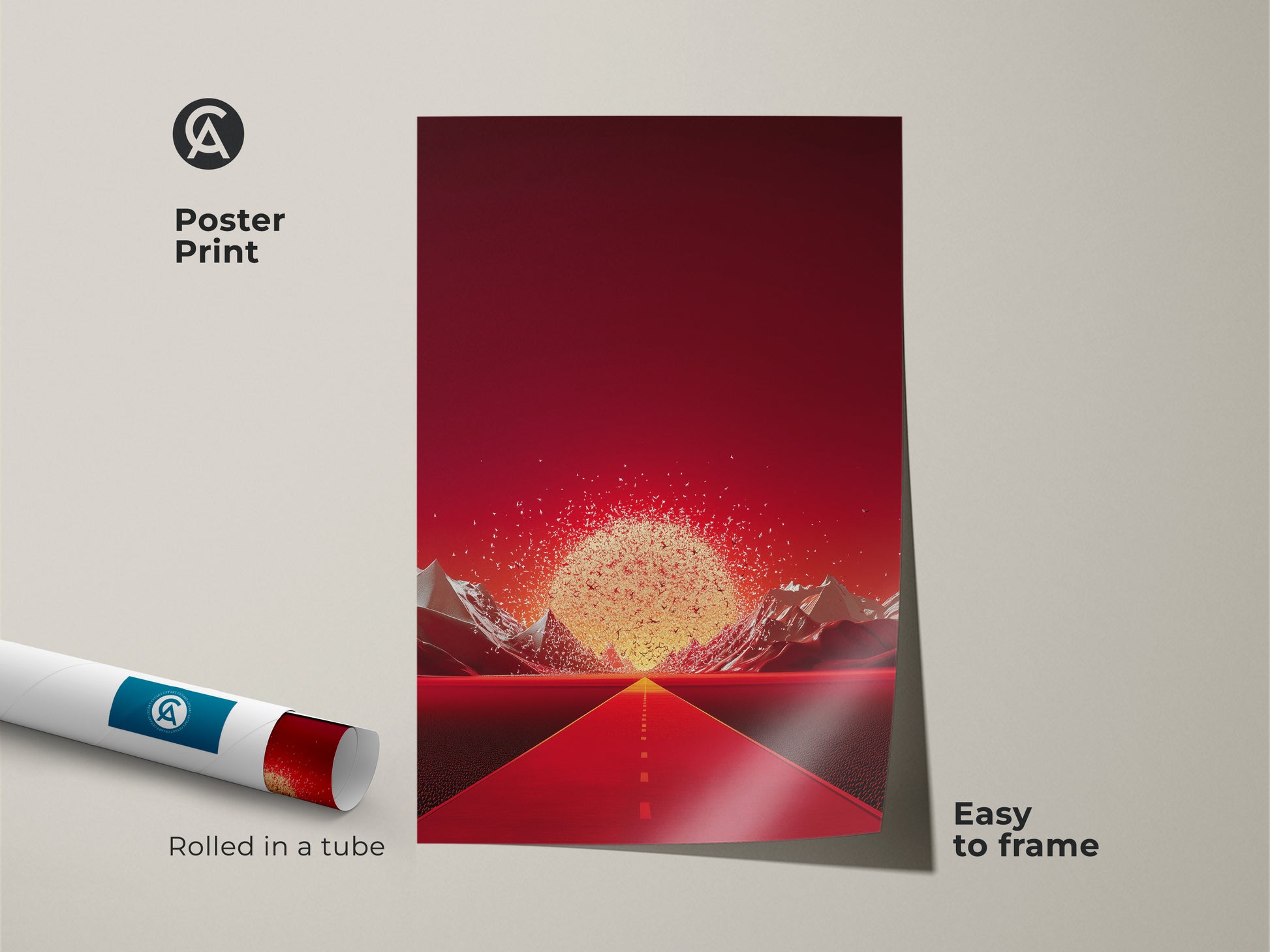 Poster print of a surreal road painting. It shows a crimson road leading to golden mountains. This abstract travel art is easy to frame. The contemporary wall print is rolled in a tube. Perfect art for adventurers. A unique home decor gift with a striking landscape wall hanging.
