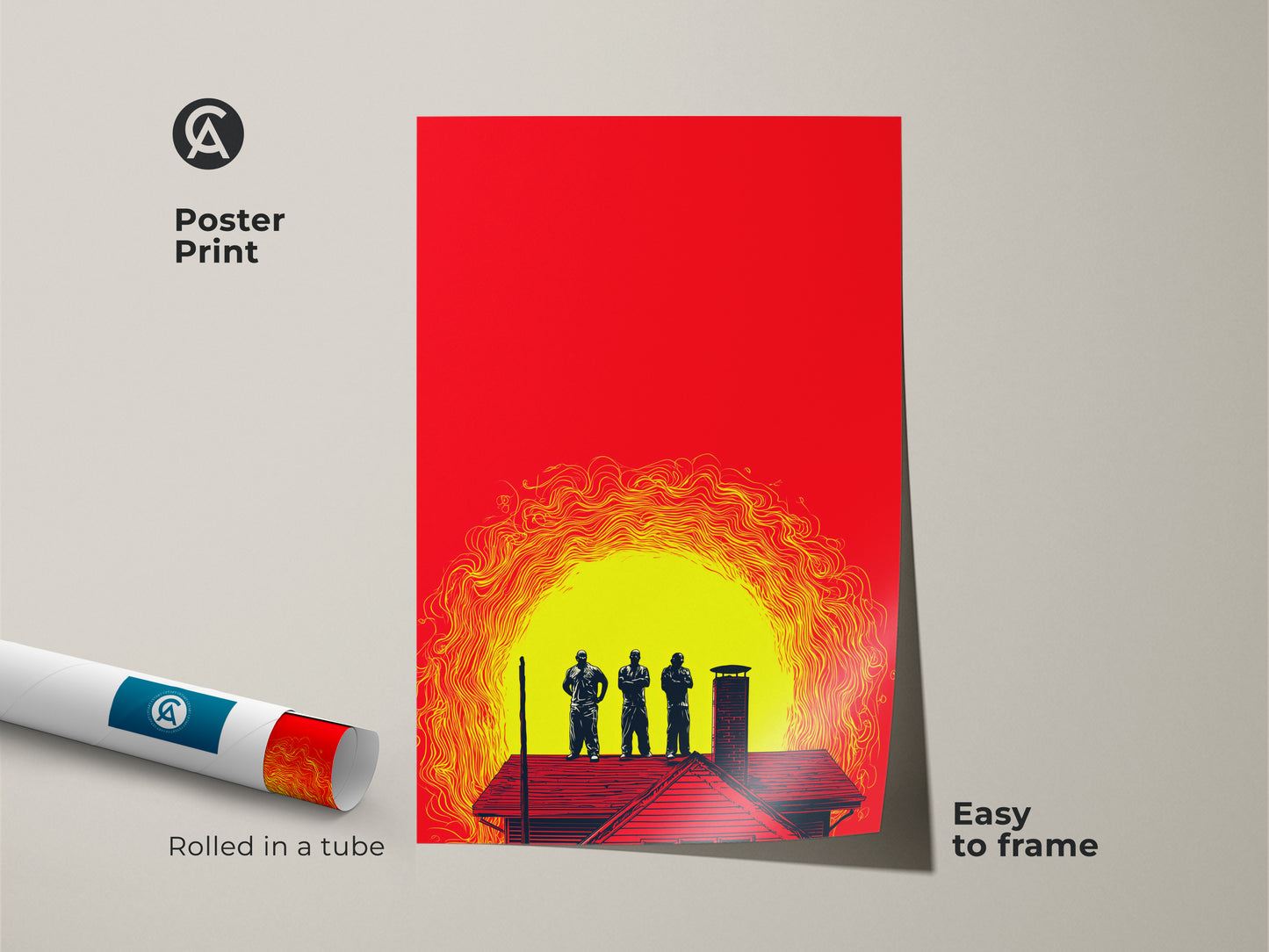 Crimson yellow abstract men on roof poster print. This bold graphic wall art is easy to frame and adds a contemporary touch to any space. The unique rooftop scene artwork is perfect for modern home decor. A great birthday gift for friends who appreciate graphic art.
