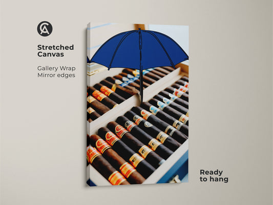 Stretched canvas pop art print with a cigar box and blue umbrella. The gallery wrap has mirror edges for a modern look. This unique wall hanging is ready to hang. Perfect tobacco art for an executive office or as a cigar aficionado gift. The still life artwork enhances any space.