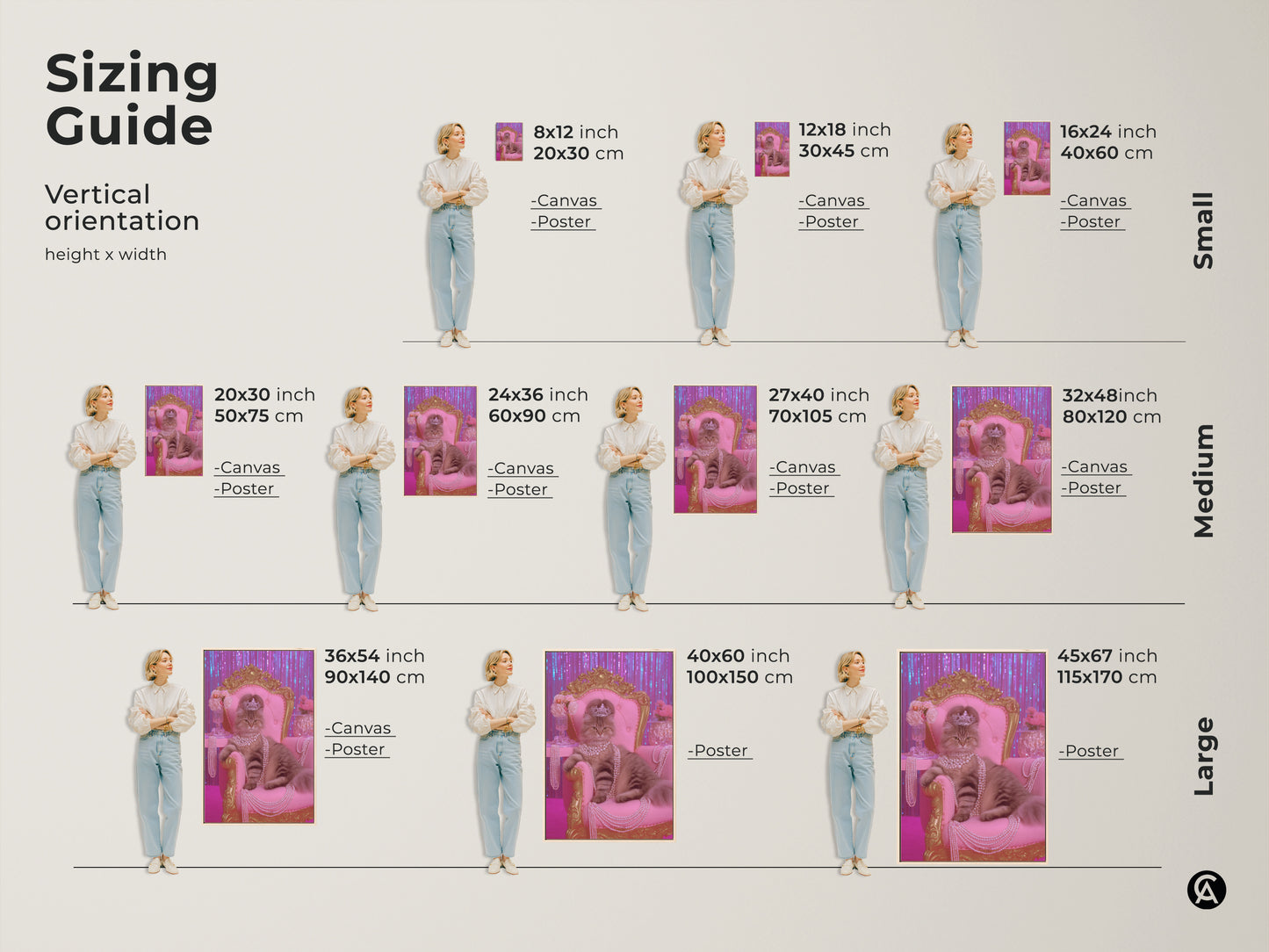 Sizing guide for the pink gold crowned cat art print. Vertical orientations are available in small medium and large sizes. Choose from canvas or poster prints to suit your space. Find the perfect fit for your glam cat wall art. Perfect for any cat mom gift or eclectic bedroom decor.