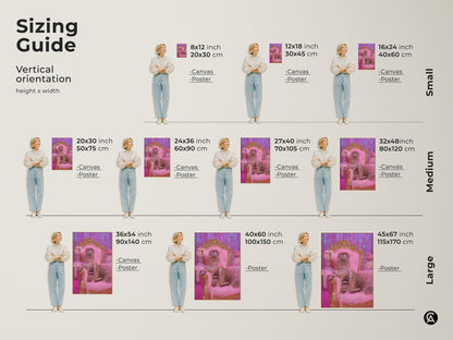 Sizing guide for the pink gold crowned cat art print. Vertical orientations are available in small medium and large sizes. Choose from canvas or poster prints to suit your space. Find the perfect fit for your glam cat wall art. Perfect for any cat mom gift or eclectic bedroom decor.