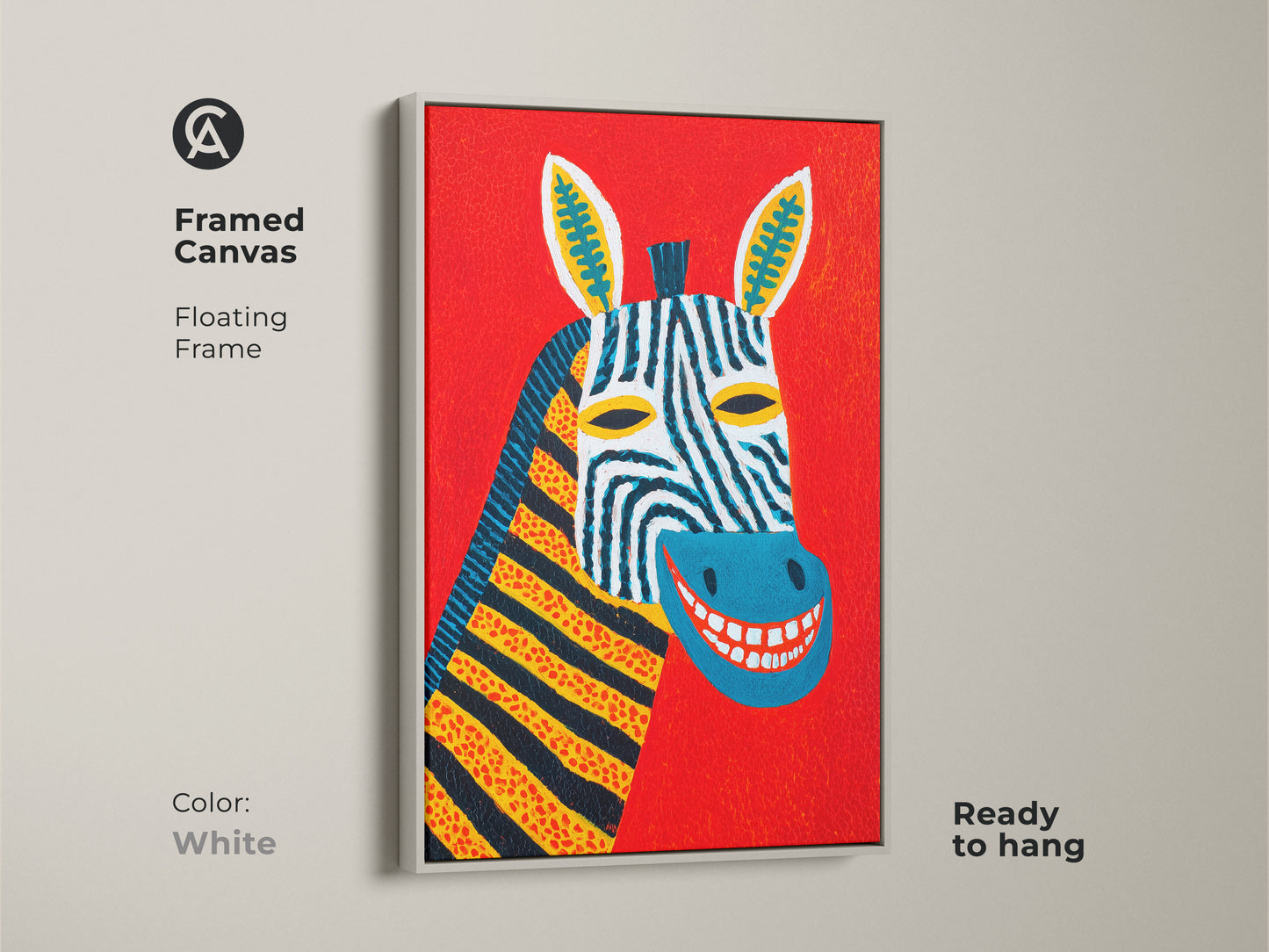 Framed canvas featuring folk art zebra artwork. This abstract animal print comes in a white floating frame. It enhances modern interiors. Ready to hang this piece adds a vibrant touch. Great for kids room animal art.