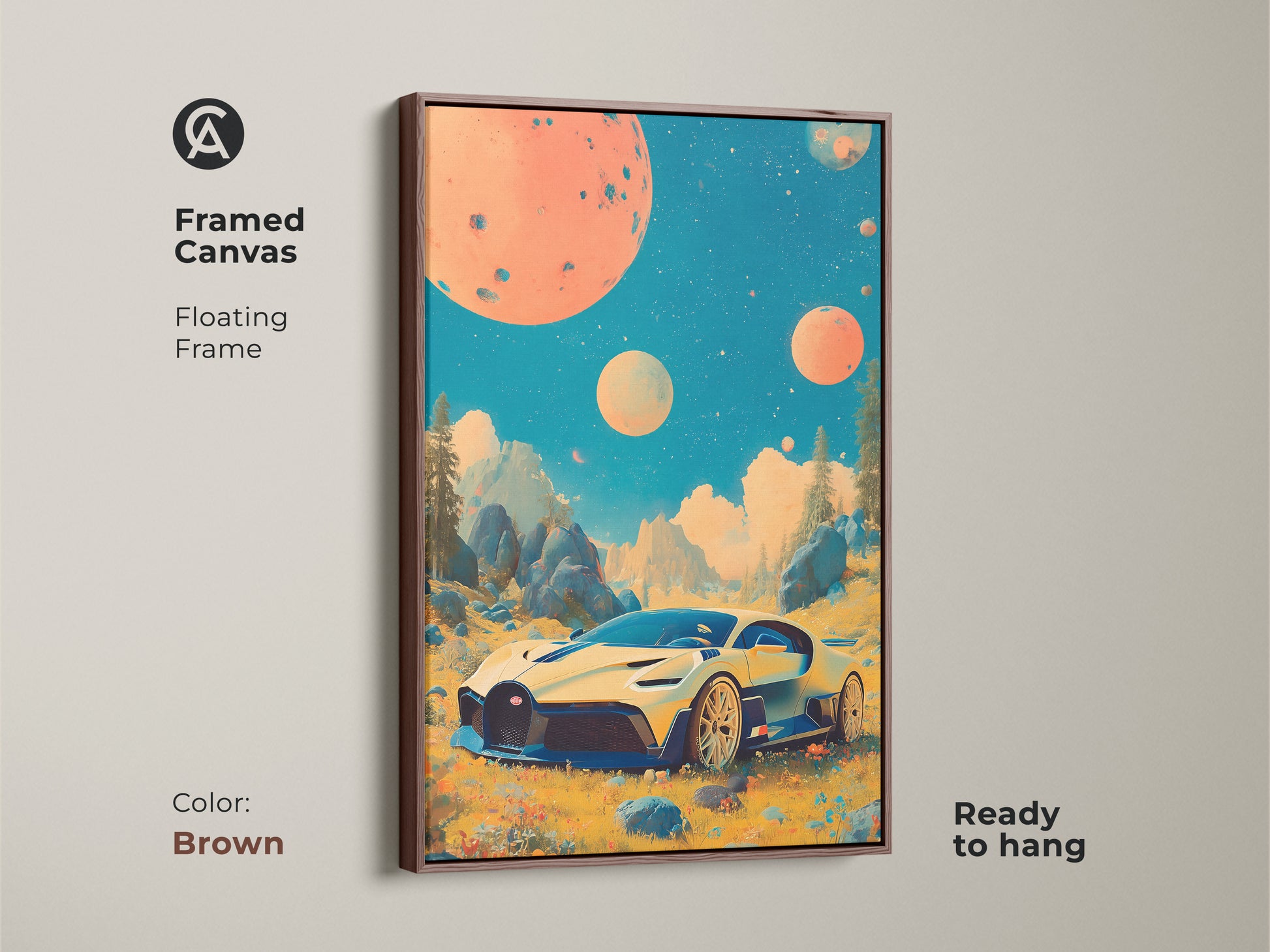 This canvas art features a retrofuturistic sci fi car and surreal planets framed in brown. Its teal orange yellow tones offer a unique automotive art. A perfect ready to hang eclectic accent for any car enthusiast's space.