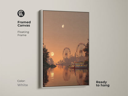 Framed canvas of a retro amusement park with a white floating frame. See a nostalgic sunset orange landscape art with a ferris wheel. This travel themed wall decor is ready to hang and adds charm to any room.