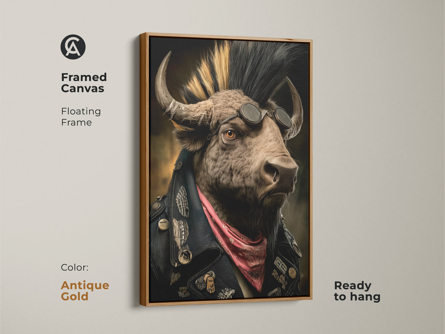 Antique Gold Framed Canvas showcasing a mohawk biker buffalo. The rock music fan art includes a floating frame and is ready to hang. This unique animal painting complements punk gothic and eclectic interiors. Ideal as an eclectic gift or man cave decor.