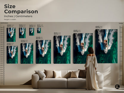 Compare the sizes of this abstract speedboat art. Inches and centimeters are shown for each canvas print. Sizes range from small to large. This modern artwork is perfect for any home or office. Transform your space with this nautical abstract print.
