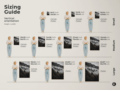 Sizing guide for vertical dark green forest art. Canvas and poster options available. See how different sizes fit above furniture. Choose from small medium and large sizes. Find the perfect monochrome mountain wall art for your space from 8x12 inch to 45x67 inch.