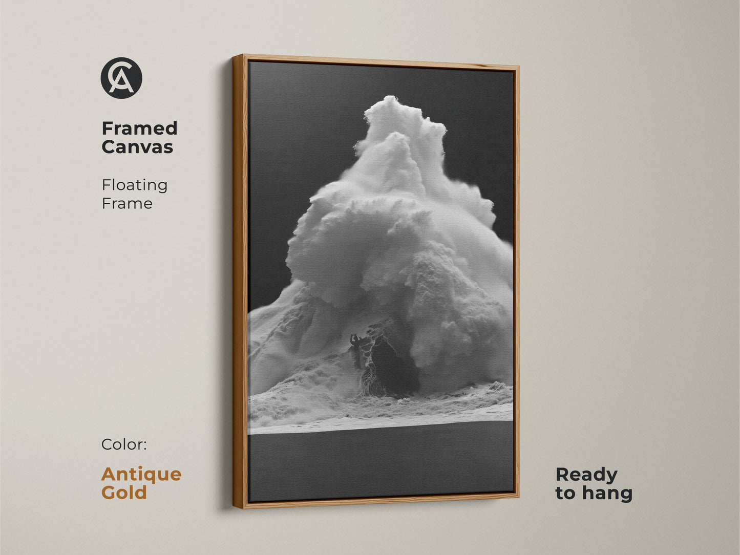 Framed monochrome wave canvas art in an antique gold floating frame. This black and white ocean print is ready to hang. Contemporary sea spray decor adds a touch of elegance. The surfer beach wall art is perfect for a bedroom art print. A unique housewarming gift.