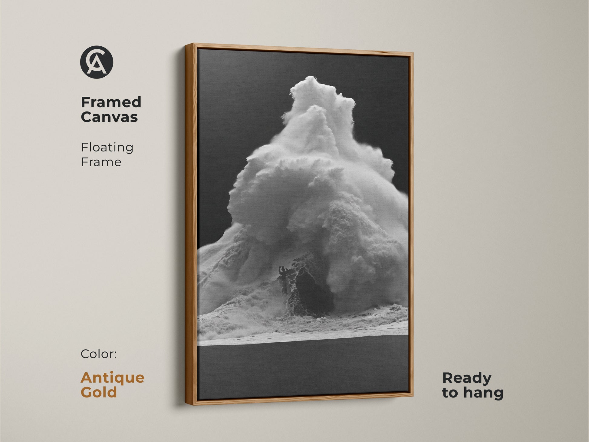 Framed monochrome wave canvas art in an antique gold floating frame. This black and white ocean print is ready to hang. Contemporary sea spray decor adds a touch of elegance. The surfer beach wall art is perfect for a bedroom art print. A unique housewarming gift.