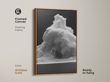 Framed monochrome wave canvas art in an antique gold floating frame. This black and white ocean print is ready to hang. Contemporary sea spray decor adds a touch of elegance. The surfer beach wall art is perfect for a bedroom art print. A unique housewarming gift.