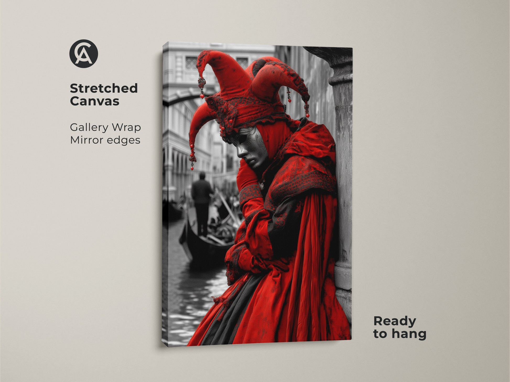 Stretched canvas art featuring a Venetian jester. The gallery wrap has mirror edges for a clean look. This Venice artwork adds Italian flair to your home. The canvas is ready to hang.