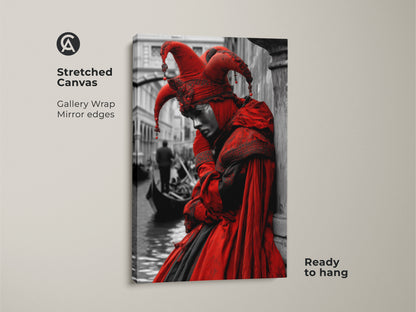 Stretched canvas art featuring a Venetian jester. The gallery wrap has mirror edges for a clean look. This Venice artwork adds Italian flair to your home. The canvas is ready to hang.