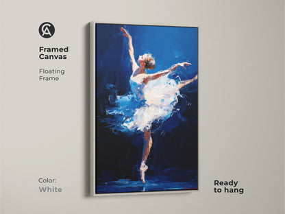 Framed canvas artwork featuring a ballerina in a white floating frame. This artwork is ready to hang. The painting depicts a dancer in a graceful pose against a blue background. This elegant piece will add sophistication to any room. Ideal for dance enthusiasts and art collectors.