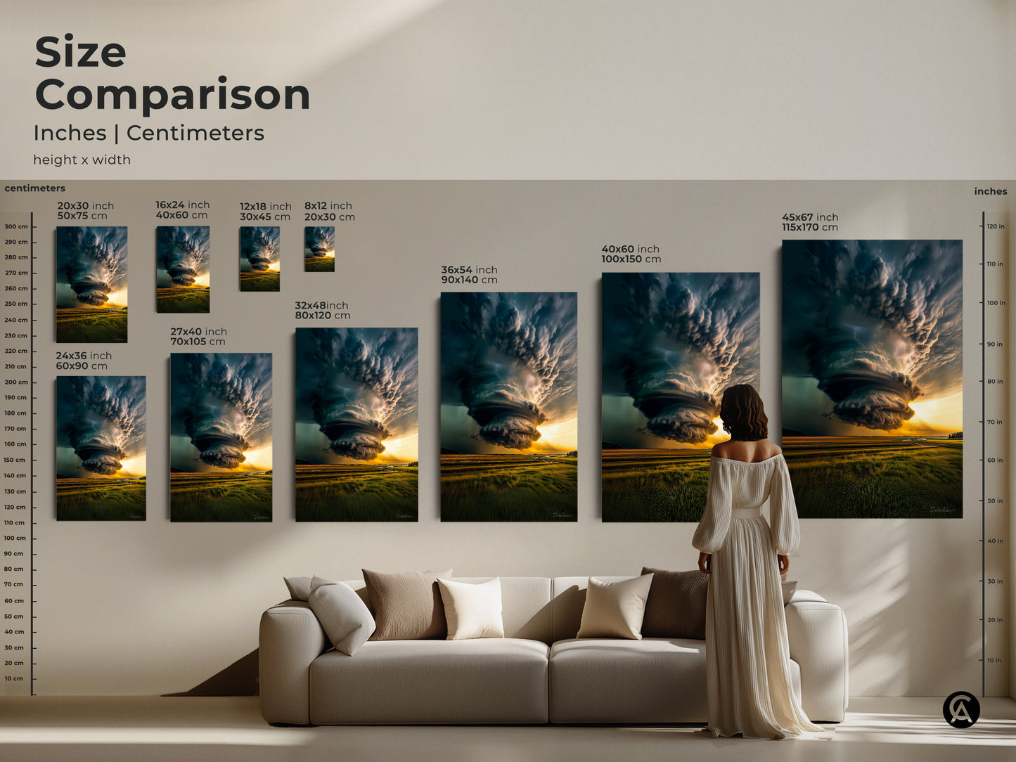 Size comparison of modern wall art a dramatic tornado landscape art. The print is available as canvas or poster. Sizes range from 8x12 to 45x67 inches. Perfect for adding a teal and yellow nature-inspired element to any living room or office space.