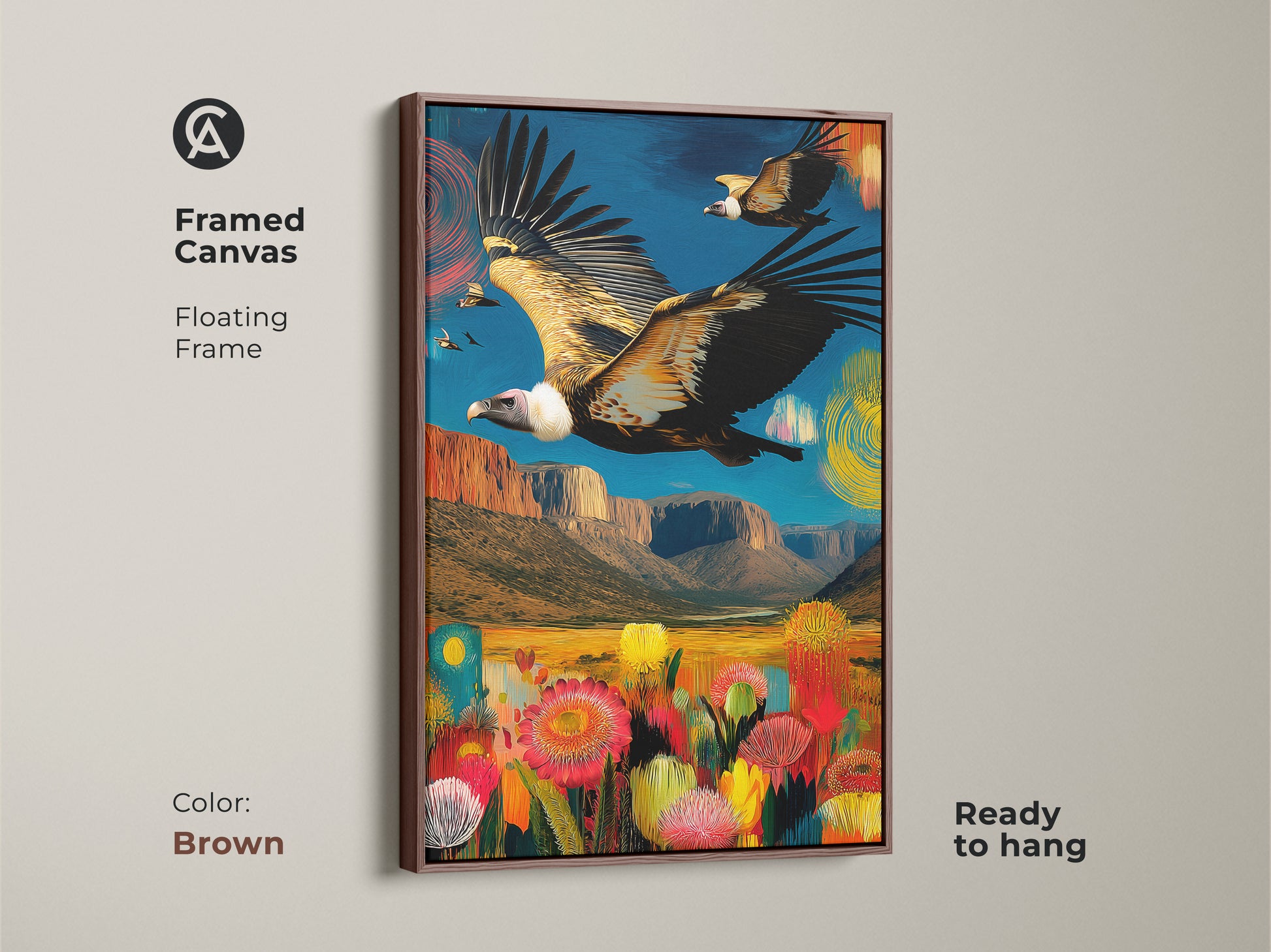 Vulture canvas art in a floating frame bringing a rustic touch to your walls. This nature lover gift features a vibrant canyon landscape and is ready to hang. Brown frame enhances the eclectic artwork. This animal wall art is a unique housewarming gift.