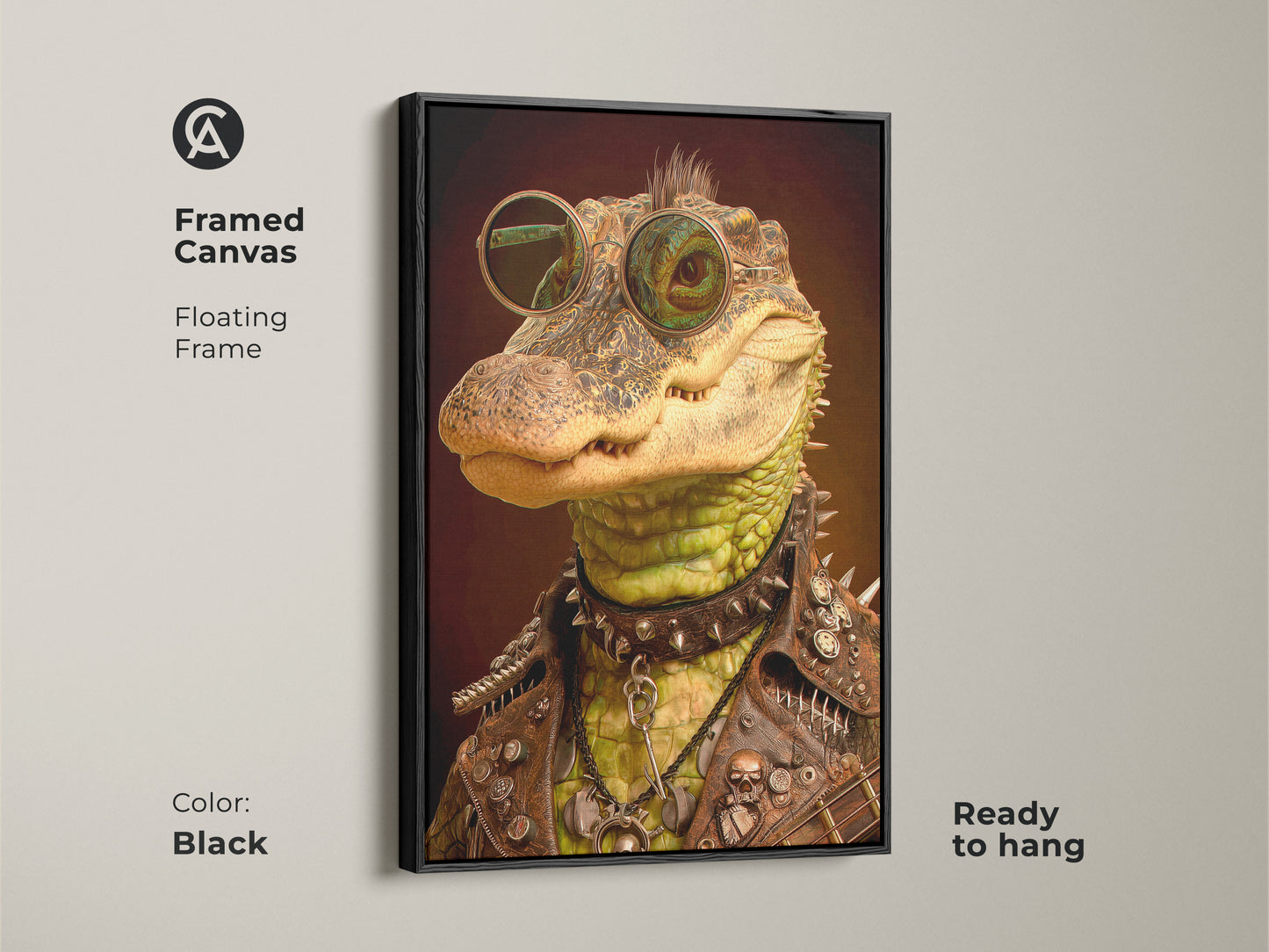 A framed canvas shows a rockstar alligator with sunglasses a leather jacket & studded collar. Ready to hang this framed canvas has a floating frame. This fantasy creature art print is perfect as guitar player wall decor. Color: Black