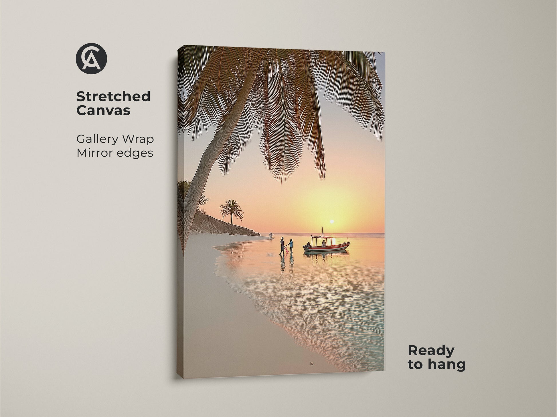 Stretched canvas print of a tropical beach sunset. The coastal palm tree wall art features gallery wrapped mirror edges. The boat ocean landscape print is ready to hang. This orange yellow teal beach decor piece is perfect for bedroom sunset artwork.